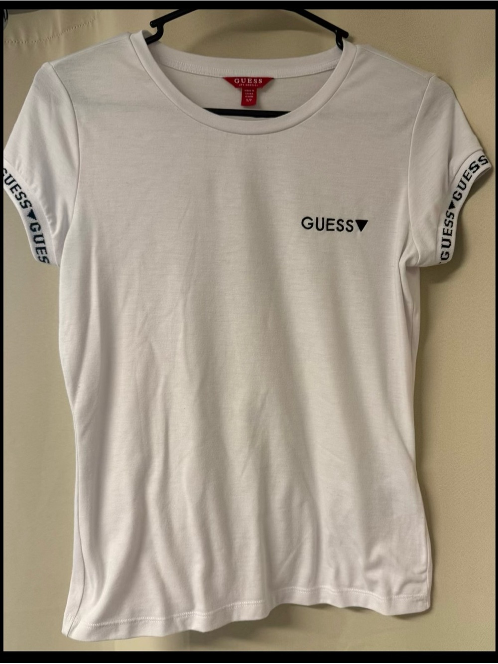GUESS White Short Sleeve Logo Tee with Sleeve Tape